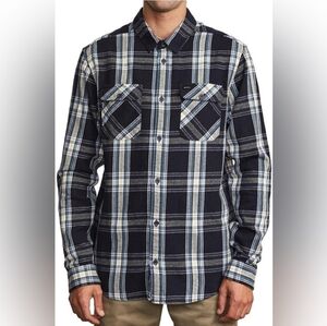 RVCA Men’s Reverberation Long Sleeve Plaid Flannel Shirt, Navy Marine Medium EUC